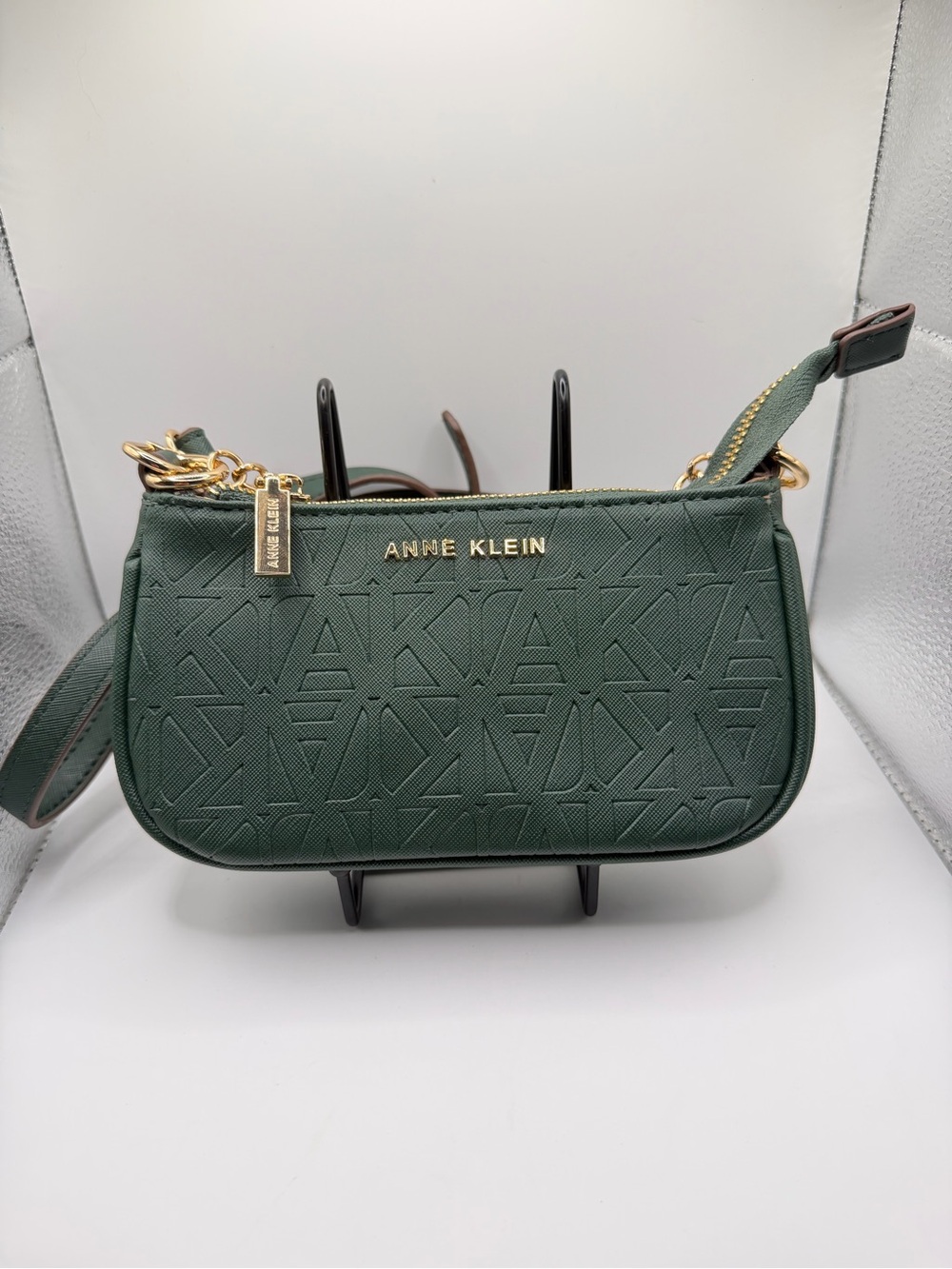 Anne Klein Dark Green Embossed Crossbody Bag with Gold Hardware